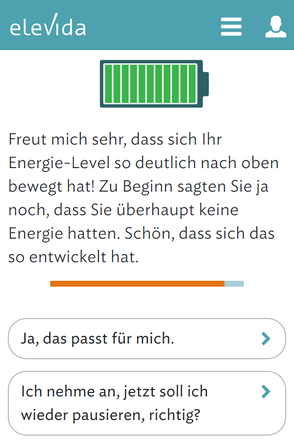 Screenshot Inhalt, Energie-Level mit Batterie, Pausieren